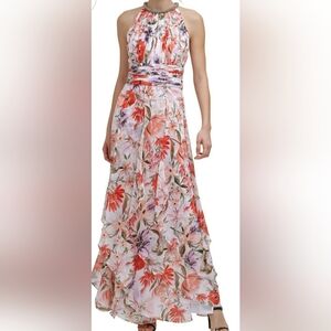 Calvin Klein Sleeveless Halter Neck Keyhole Gown with Tiered Skirt Sz 10